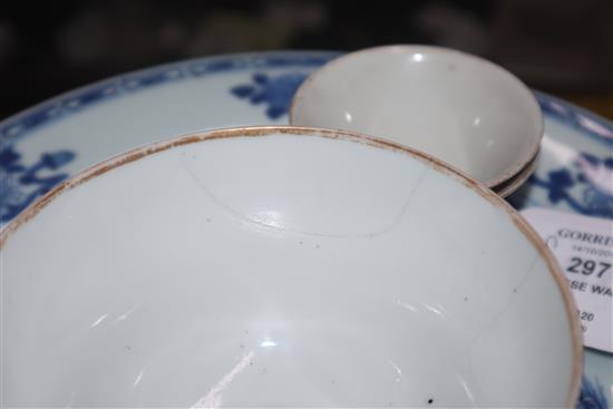 Two 18th century Chinese Nanking cargo plates, a bowl and a snuff bottle and two 19th century Chinese famille rose small bowls